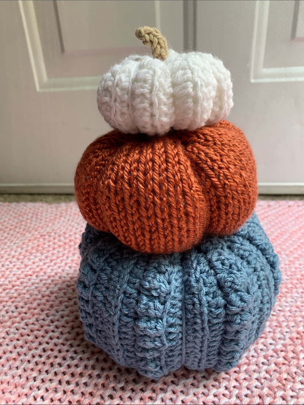 Handcrafted Stacked Knit and Crochet Pumpkins - White, Orange, Blue